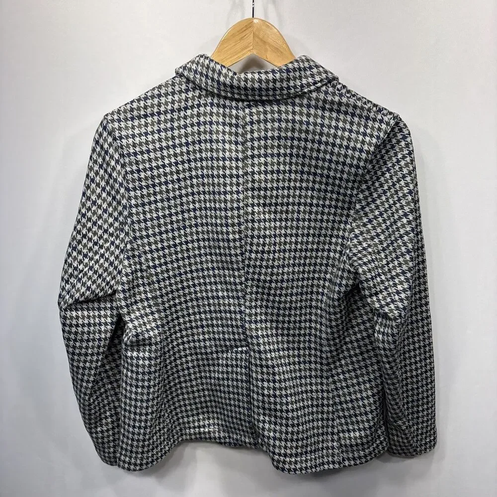 Lands’ End Knit Blazer M Petite Gray Houndstooth Blue Green One Button Career